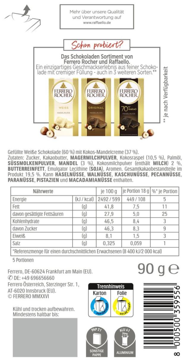 Raffaello Tafel Kokos & Mandelcreme 90g