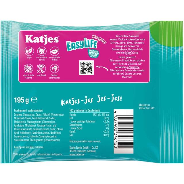 Katjes EasyLife Winegums Less Sugar  195g - vegan